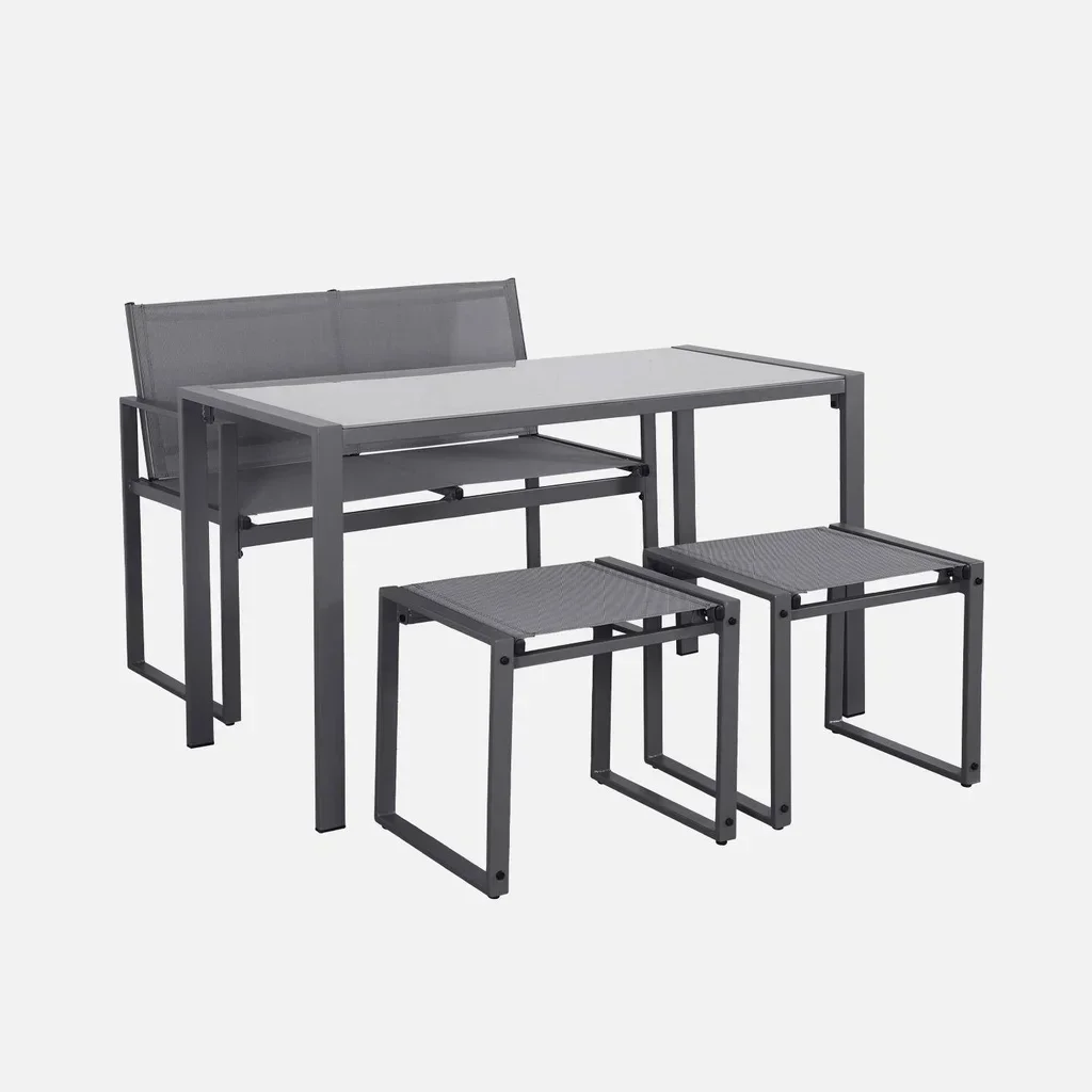 Table jardin acier textilène 4 chaises encastrables Tavena verre