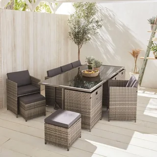 Table de jardin encastrable 12 places résine tressée Vabo avec poufs et housse