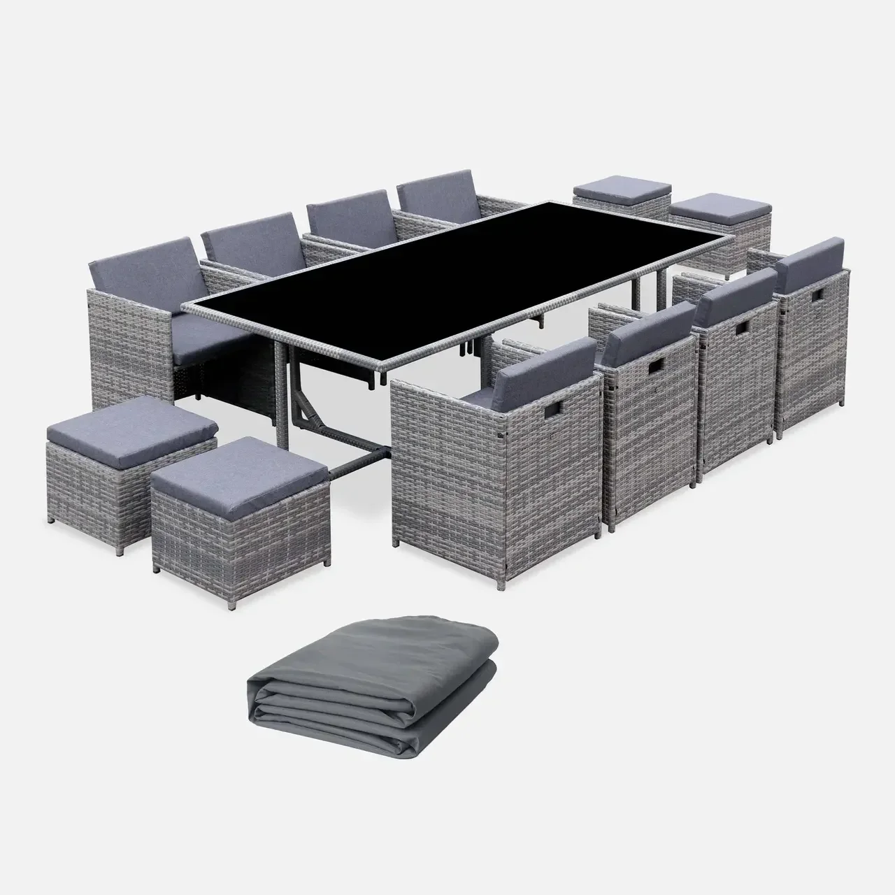 Table de jardin encastrable 12 places résine tressée Vabo avec poufs et housse