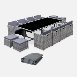 Table de jardin encastrable 12 places résine tressée Vabo avec poufs et housse