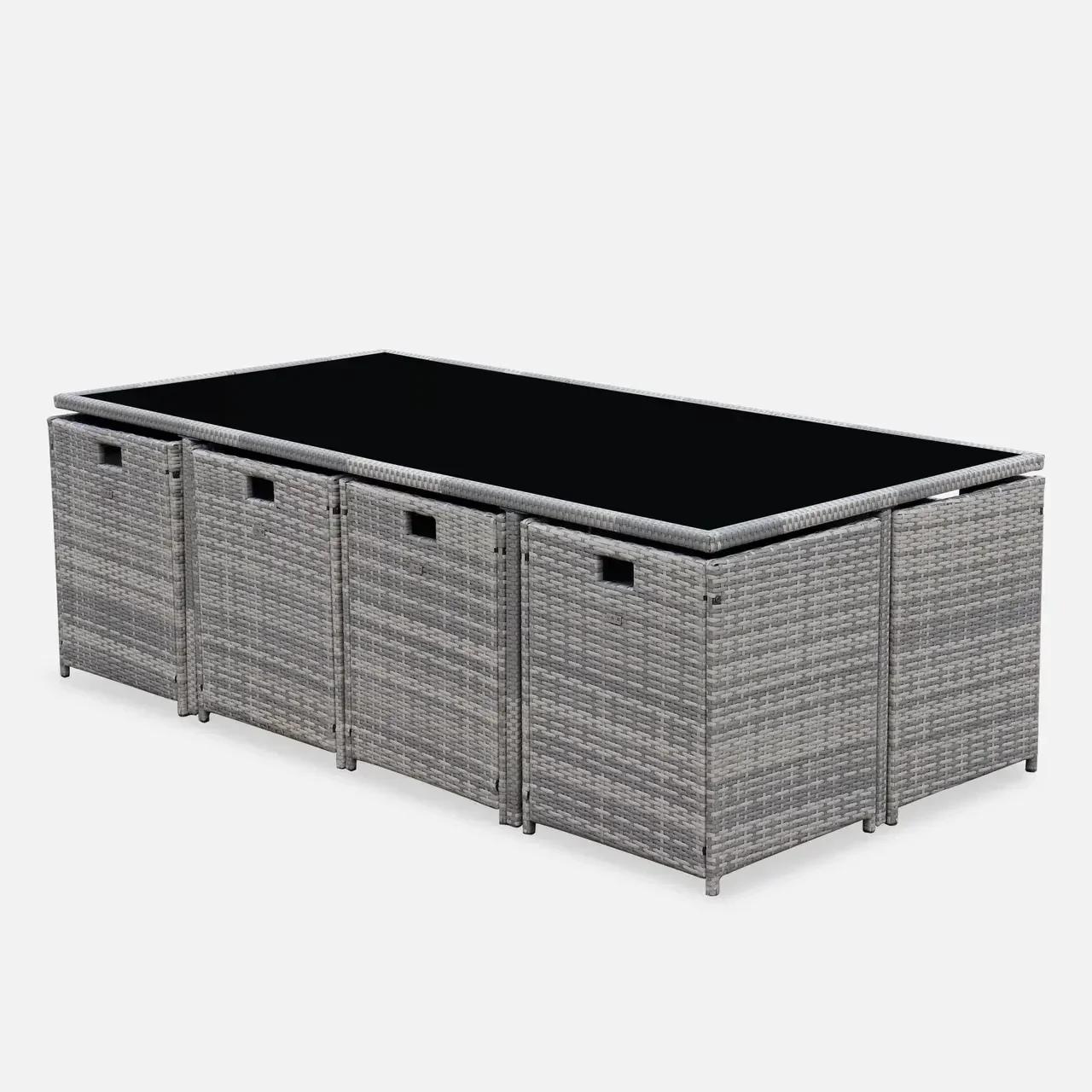 Table de jardin encastrable 12 places résine tressée Vabo avec poufs et housse