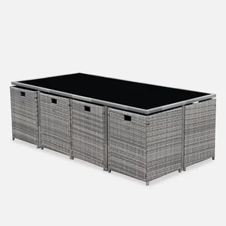 Table de jardin encastrable 12 places résine tressée Vabo avec poufs et housse
