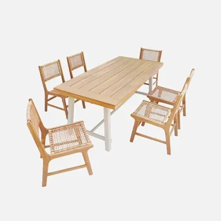 Table jardin rectangulaire bois acacia métal 6 chaises résine tressée bohème