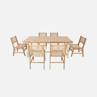 Table jardin rectangulaire bois acacia métal 6 chaises résine tressée bohème