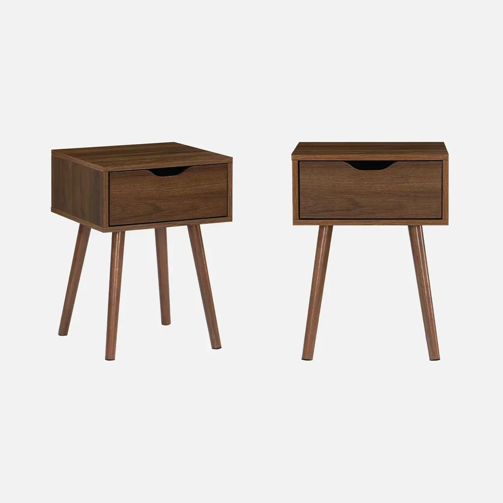 Table de nuit vintage noyer 1 tiroir - Lot de 2 chevets scandinaves