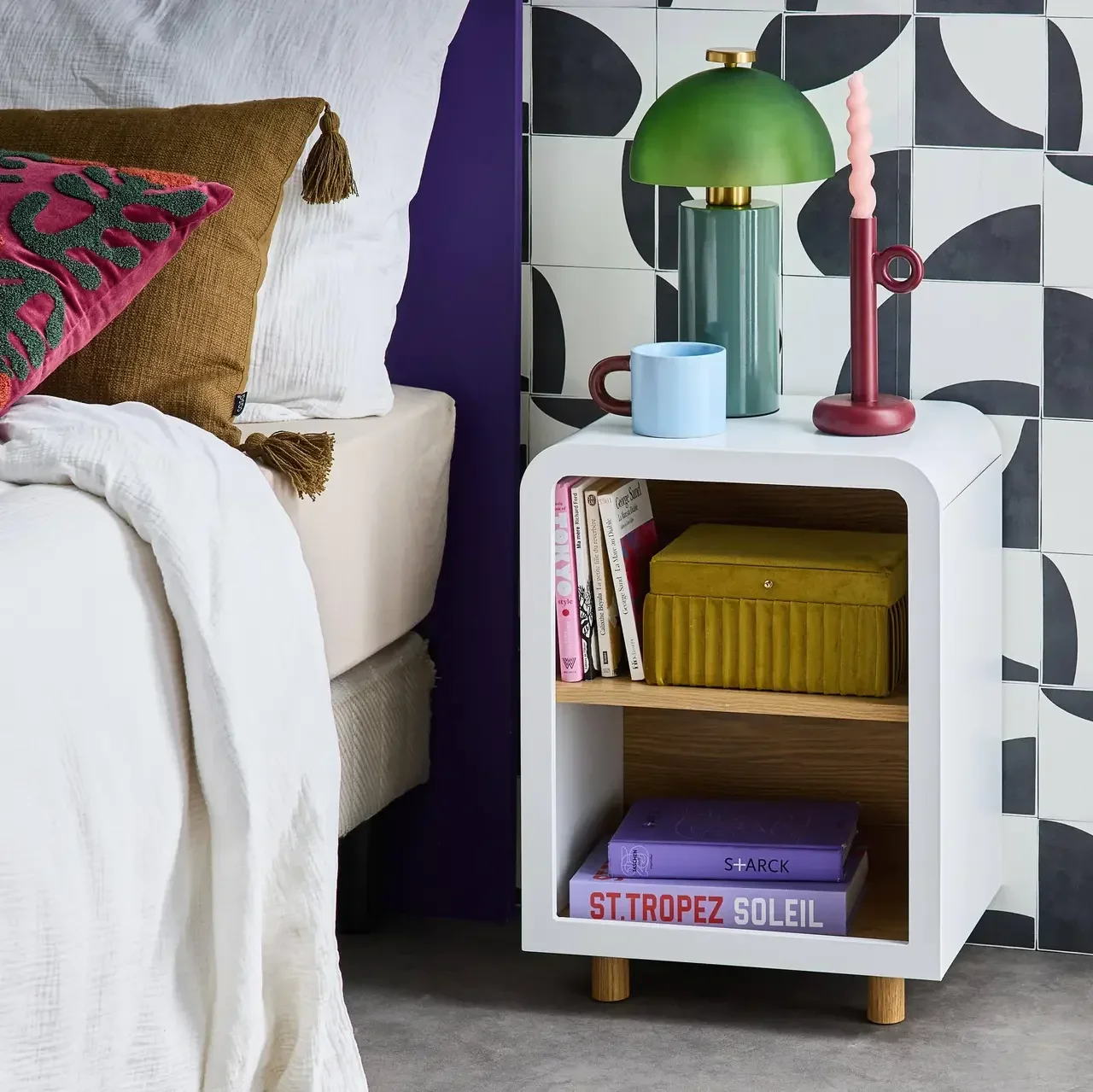 Table de nuit bois blanc 2 compartiments rangement design moderne chambre