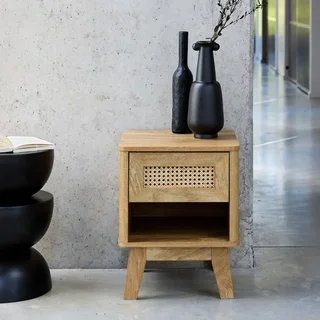 Rattan Cane Nightstand Eucalyptus Wood 1 Drawer Natural Design