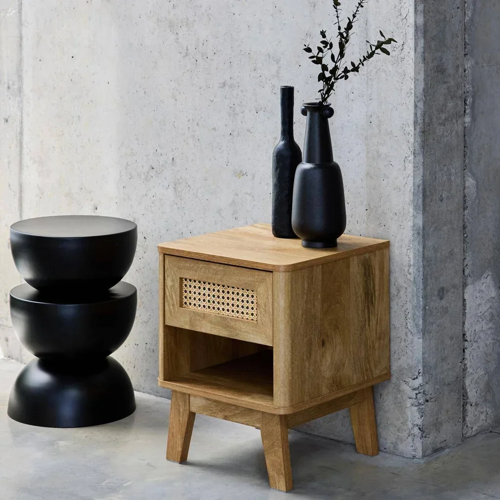 Table de nuit cannage rotin bois eucalyptus 1 tiroir design naturel