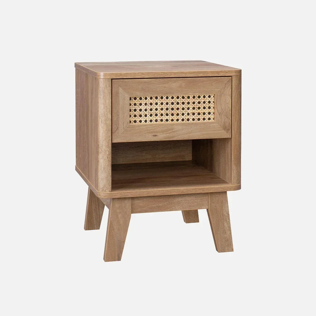 Rattan Cane Nightstand Eucalyptus Wood 1 Drawer Natural Design