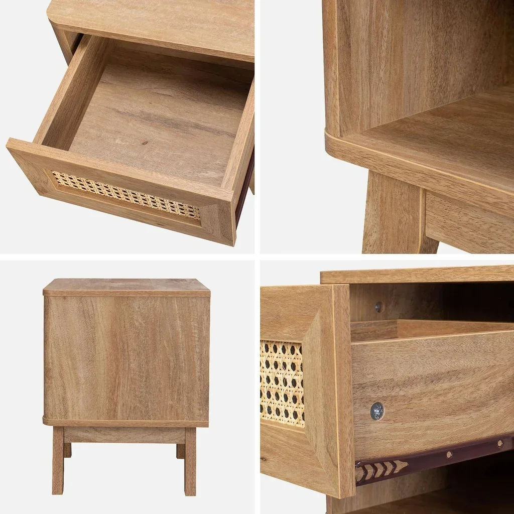 Rattan Cane Nightstand Eucalyptus Wood 1 Drawer Natural Design