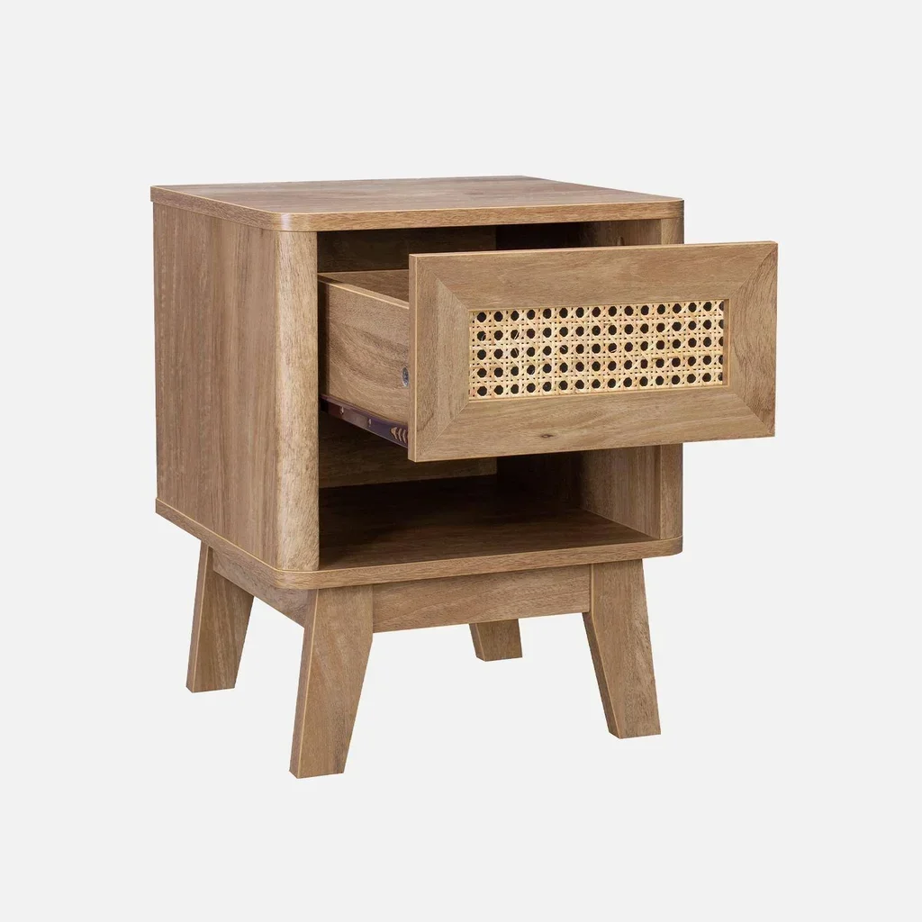 Rattan Cane Nightstand Eucalyptus Wood 1 Drawer Natural Design