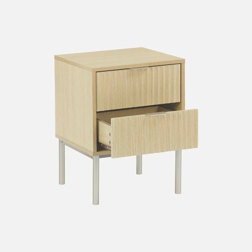 Table de nuit design bois sculpté métal champagne 2 tiroirs