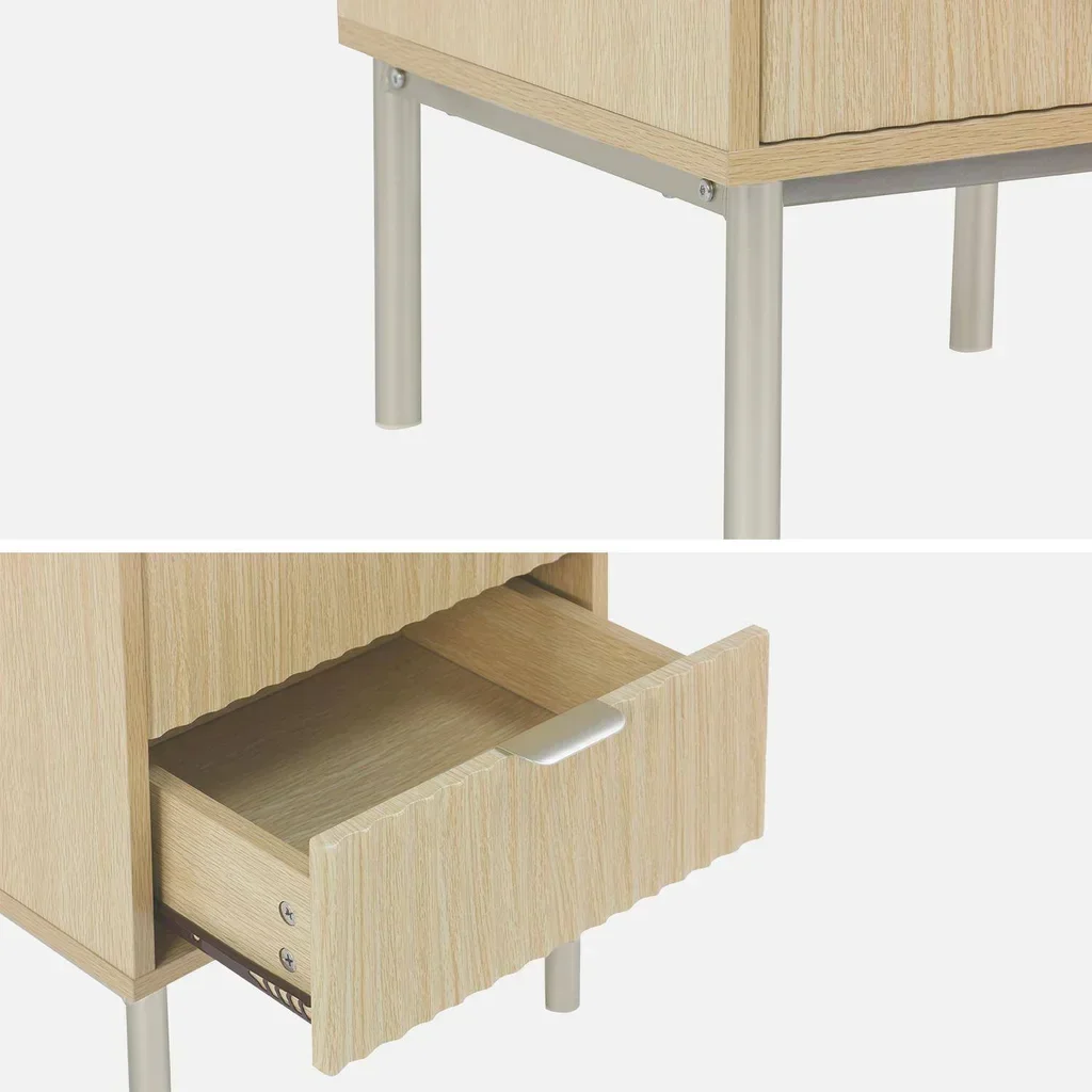 Table de nuit design bois sculpté métal champagne 2 tiroirs
