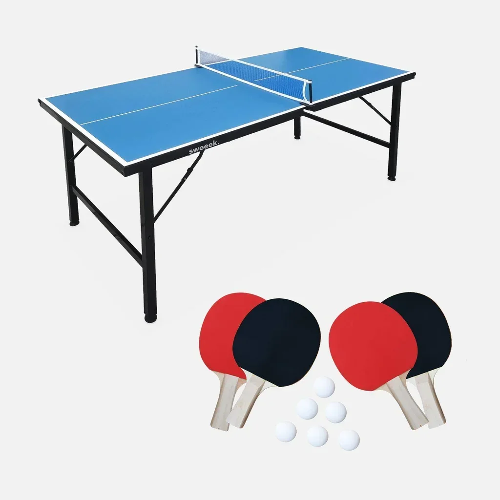 Table ping-pong pliante compacte intérieure avec 4 raquettes et 6 balles