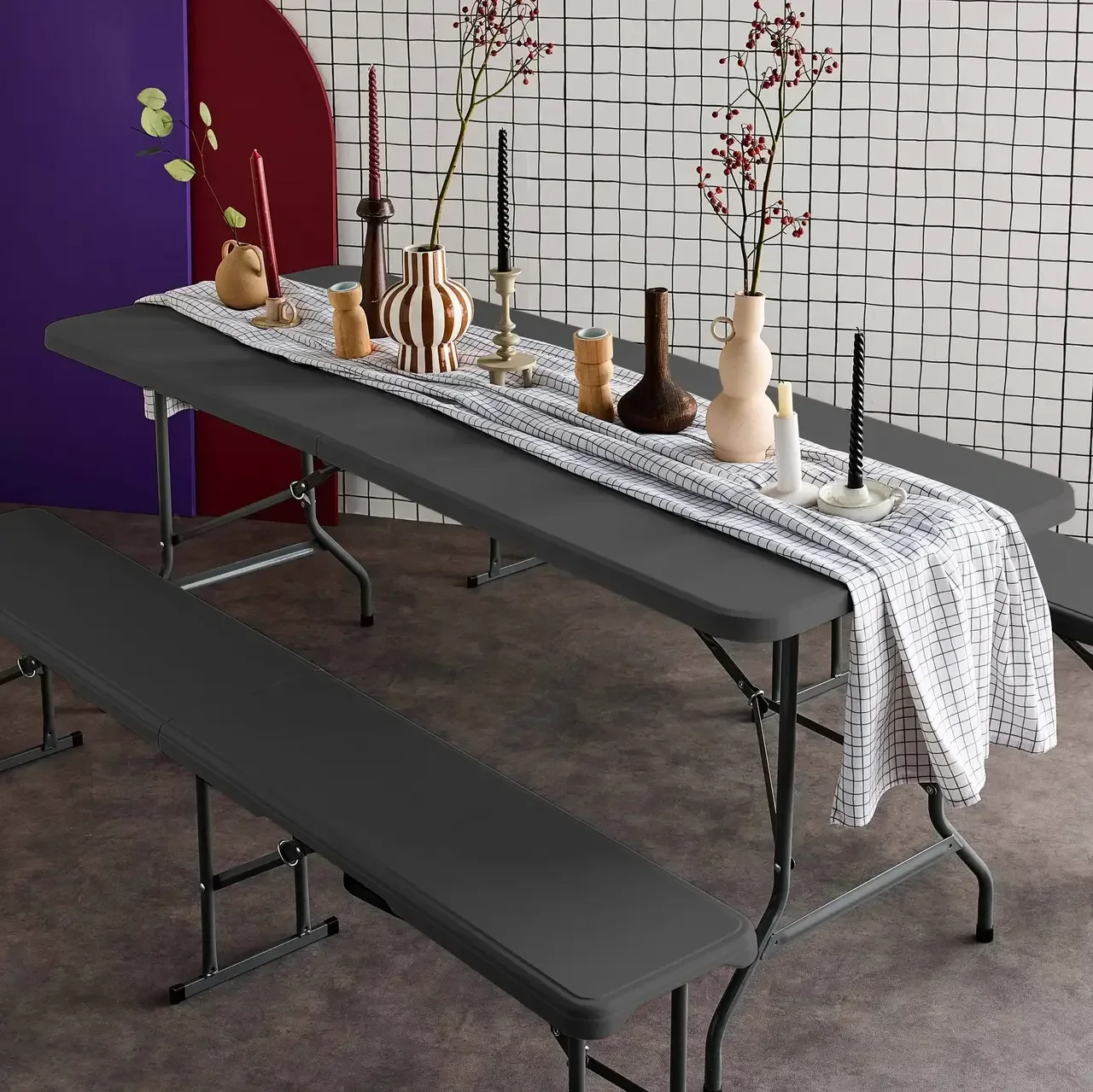 Table pliante 180cm avec 2 bancs réception plastique camping