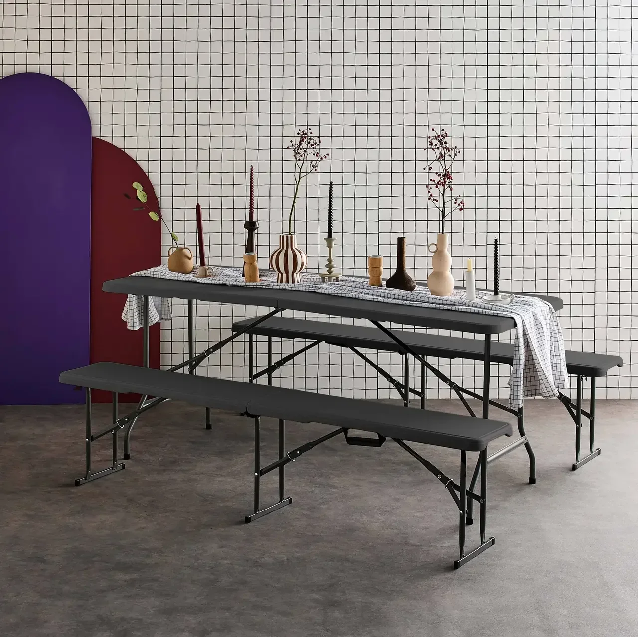 Table pliante 180cm avec 2 bancs réception plastique camping