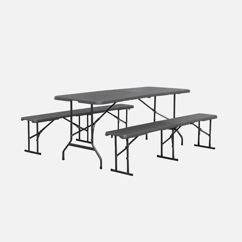 Table pliante 180cm avec 2 bancs réception plastique camping