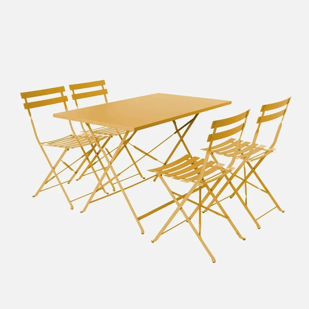 Ensemble bistrot Emilia table pliante 4 chaises métal bleu canard jardin terrasse
