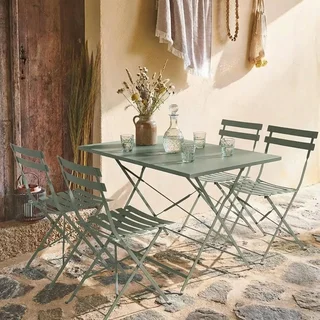 Table pliante bistrot métal bleu canard 4 places jardin terrasse