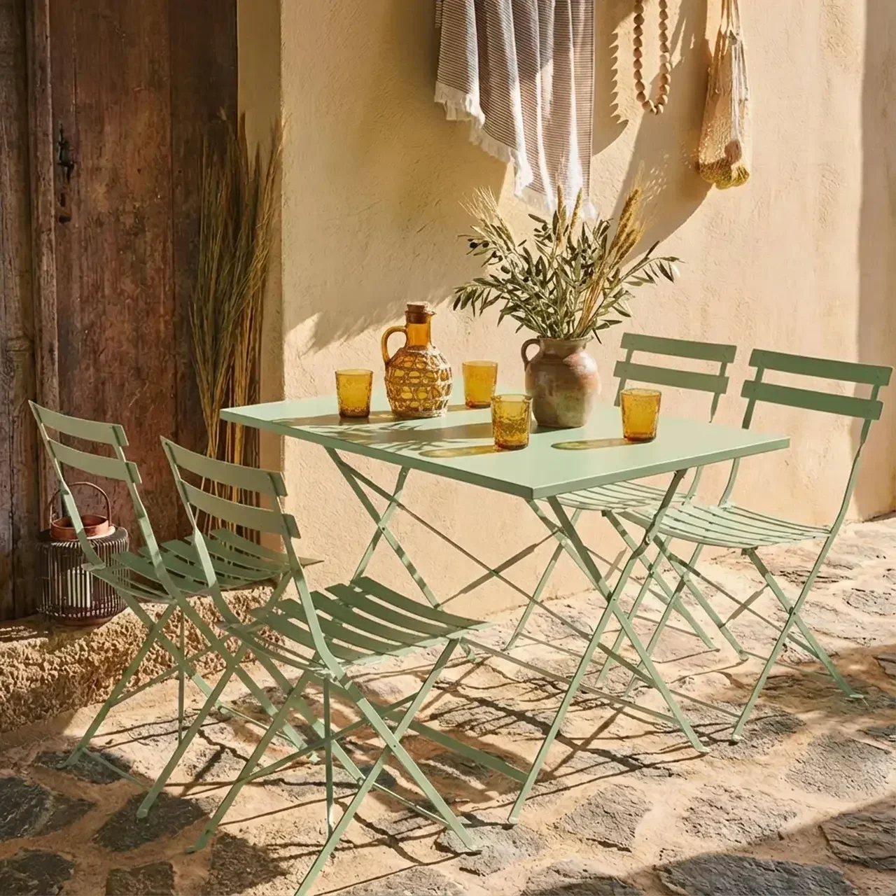 Ensemble bistrot Emilia table pliante 4 chaises métal bleu canard jardin terrasse
