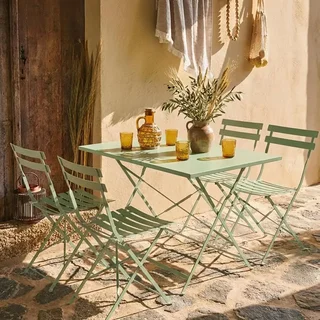 Ensemble bistrot Emilia table pliante 4 chaises métal bleu canard jardin terrasse
