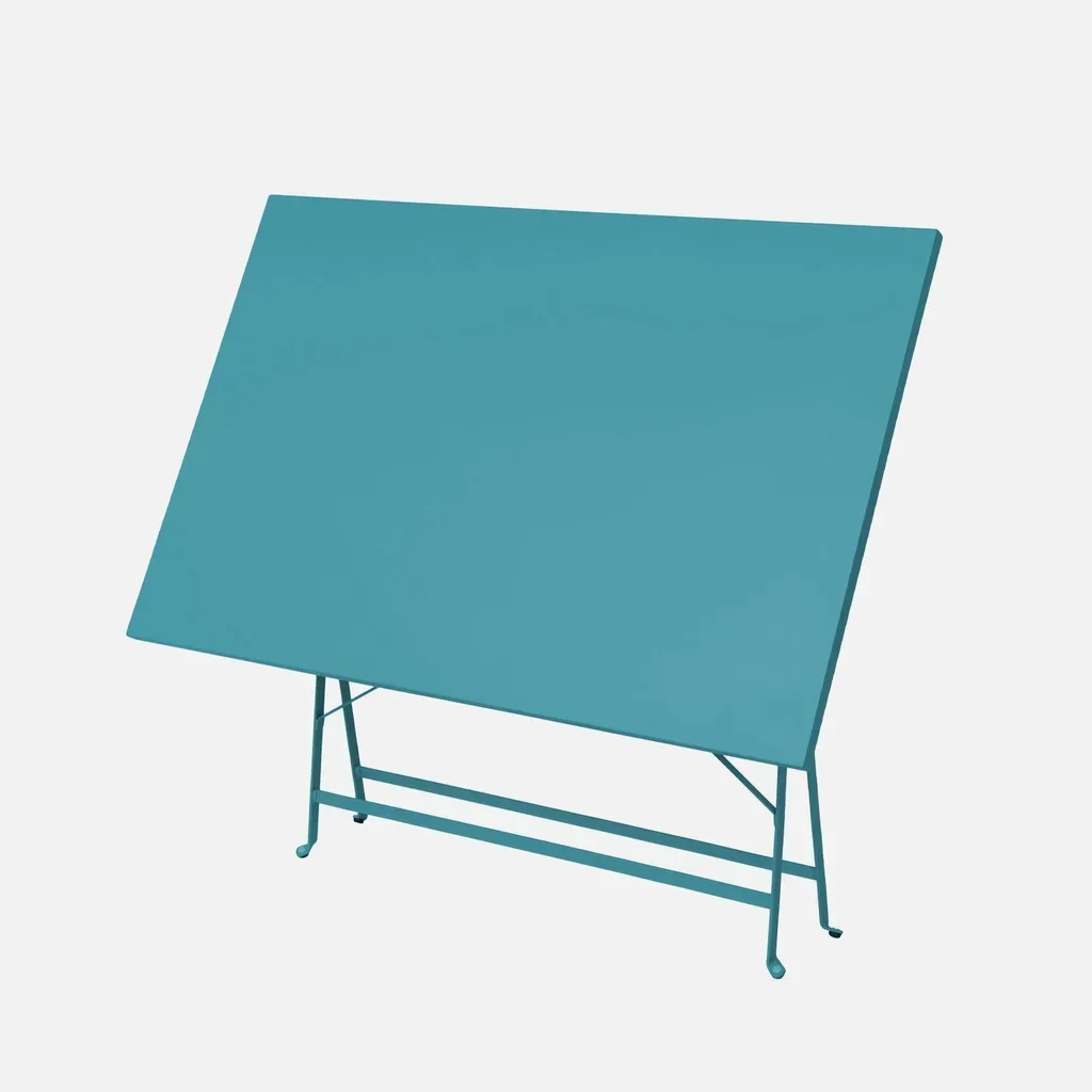 Ensemble bistrot Emilia table 4 chaises pliantes métal bleu canard jardin