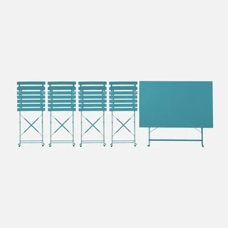 Ensemble bistrot Emilia table 4 chaises pliantes métal bleu canard jardin