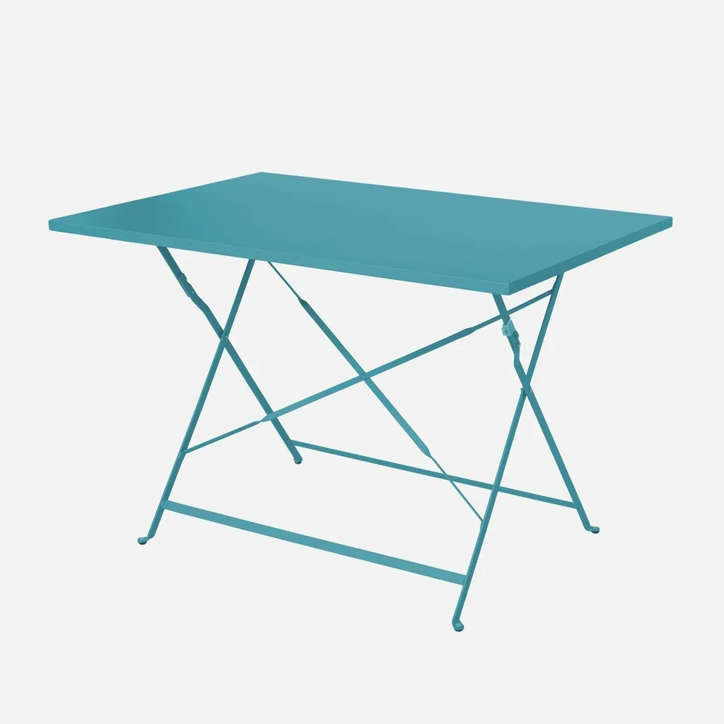 Ensemble bistrot Emilia table 4 chaises pliantes métal bleu canard jardin