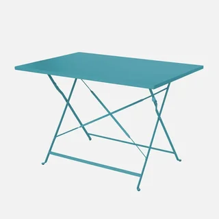 Ensemble bistrot Emilia table 4 chaises pliantes métal bleu canard jardin