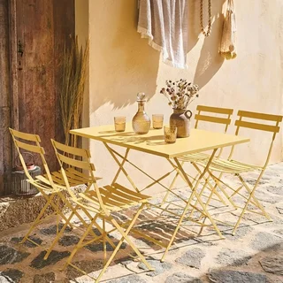 Ensemble bistrot Emilia table pliante 4 chaises métal bleu canard jardin terrasse