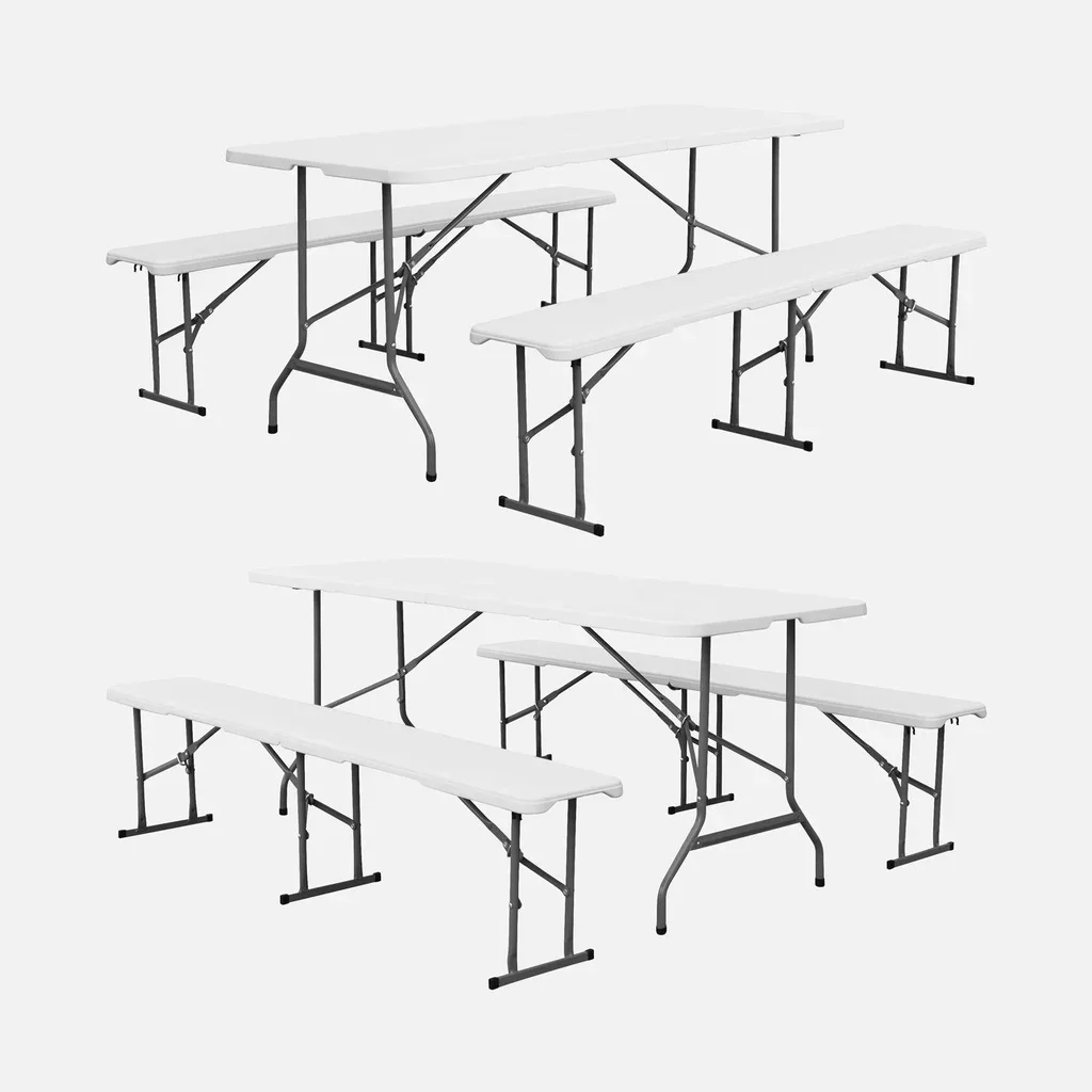 Set 2 tables réception pliantes 180cm avec bancs acier intérieur extérieur