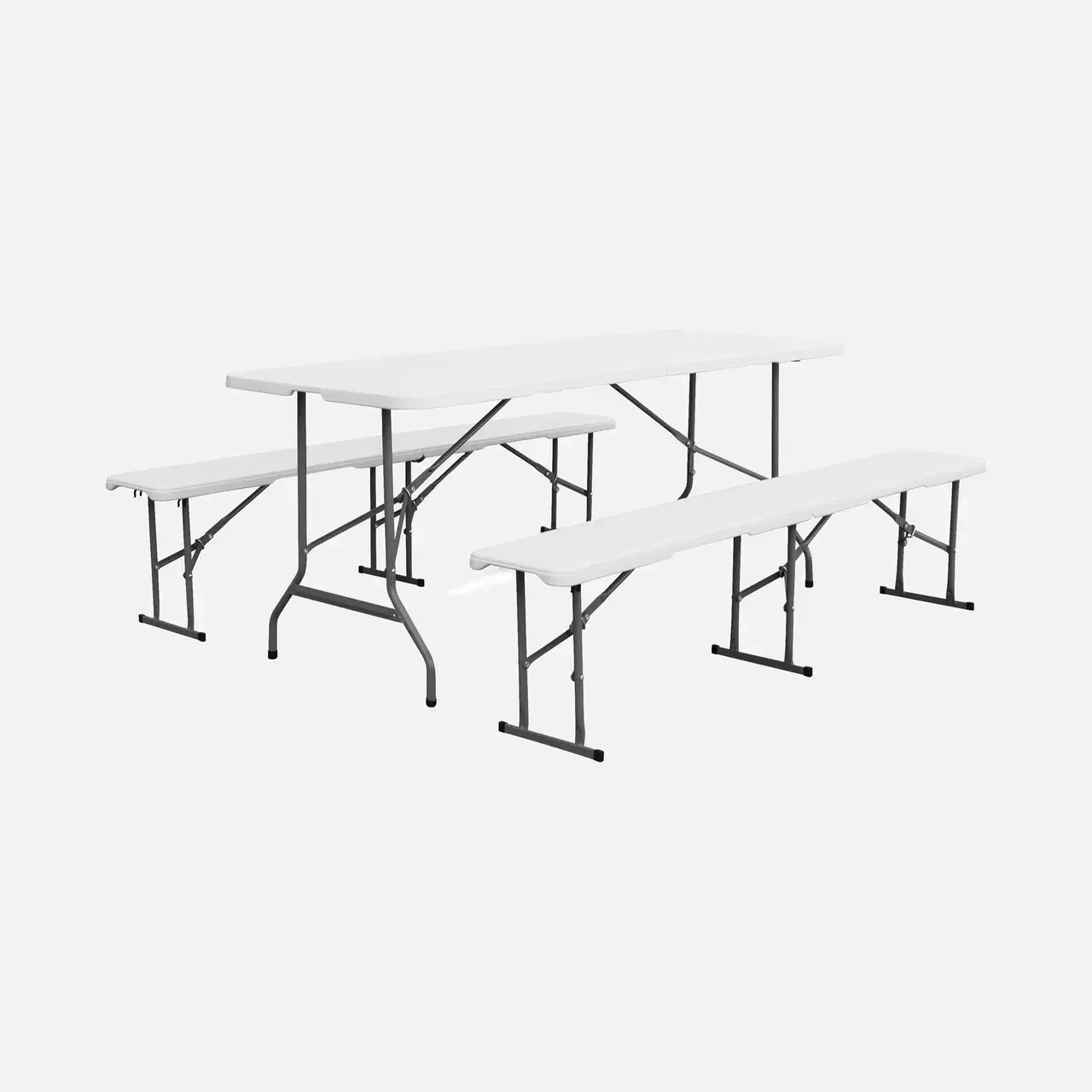 Set 2 tables réception pliantes 180cm avec bancs acier intérieur extérieur