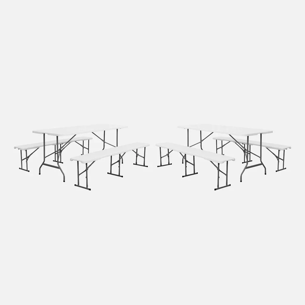 Set 2 tables réception pliantes 180cm avec bancs acier intérieur extérieur
