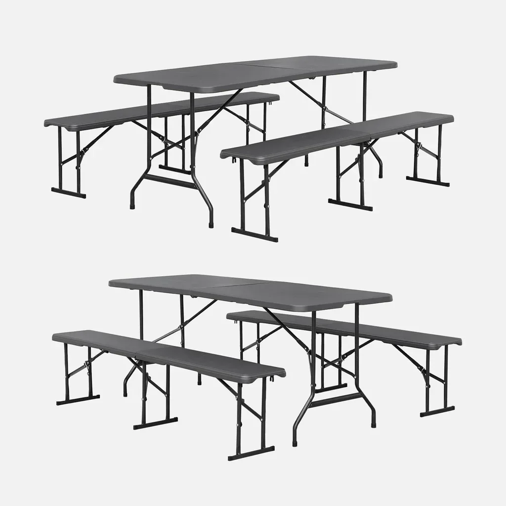 Set de 2 tables pliantes 180 cm avec bancs acier pour réception
