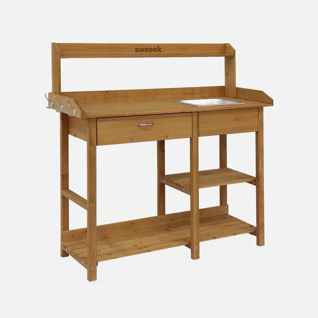 Table de rempotage en bois avec évier amovible, 3 crochets et tiroir de rangement pour jardinage confortable