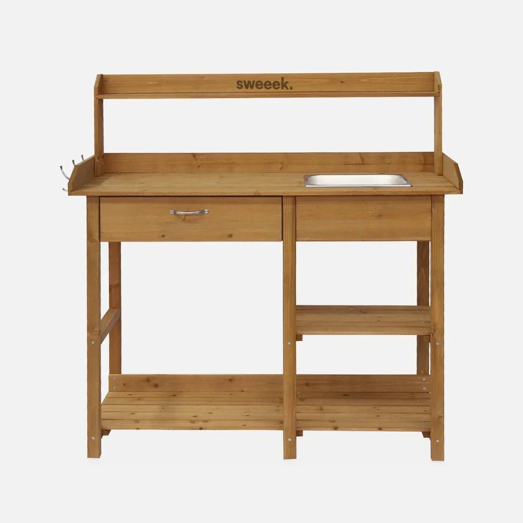 Table de rempotage en bois avec évier amovible, 3 crochets et tiroir de rangement pour jardinage confortable