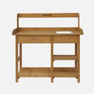 Table de rempotage en bois avec évier amovible, 3 crochets et tiroir de rangement pour jardinage confortable