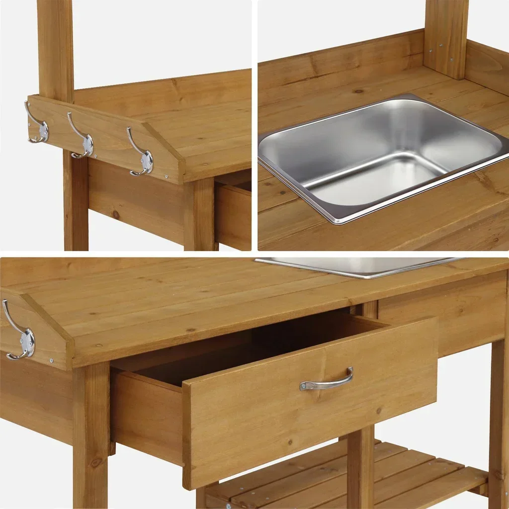 Table de rempotage en bois avec évier amovible, 3 crochets et tiroir de rangement pour jardinage confortable
