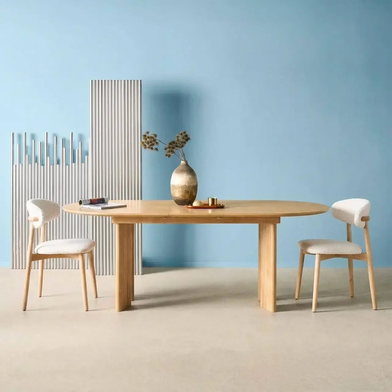 Table ovale extensible 6-8 places hévéa massif et chêne plaqué