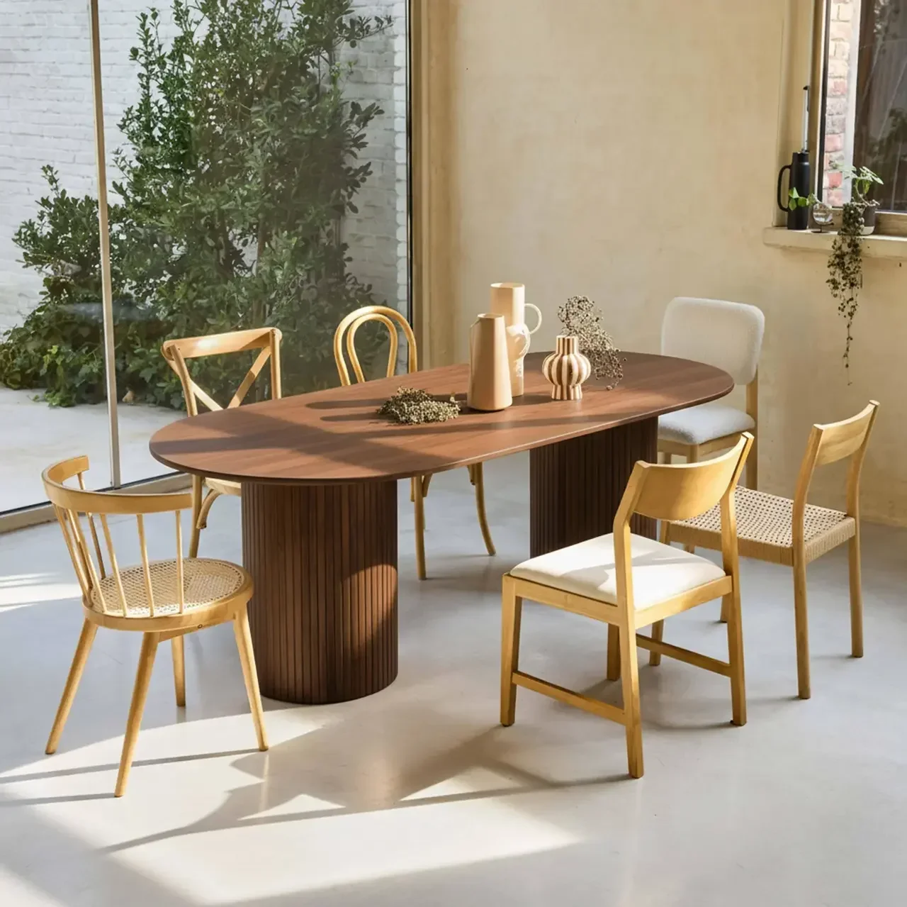 Table rectangulaire hévéa massif chêne plaqué 8 personnes 220 cm Estelle