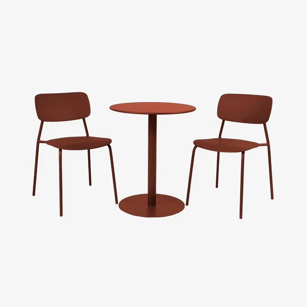 Conjunto mesa redonda bistró y 2 sillas de acero para balcón