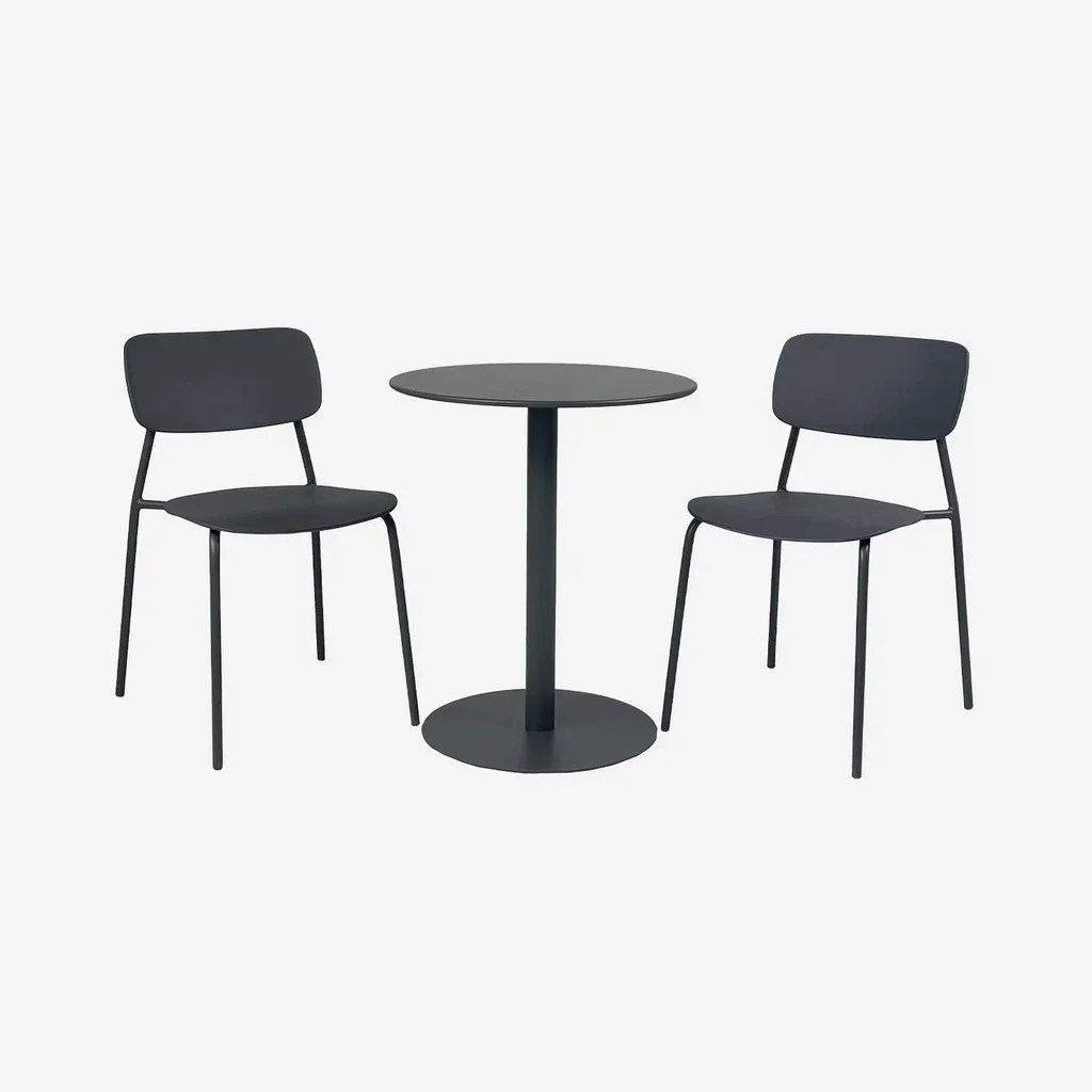 Ensemble table ronde bistrot acier et 2 chaises empilables balcon terrasse
