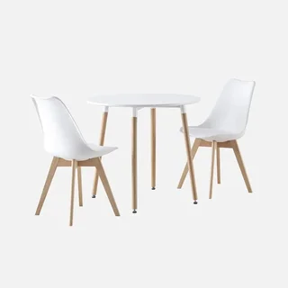 Table ronde scandinave bois blanc avec 2 chaises coussinées Hedvig
