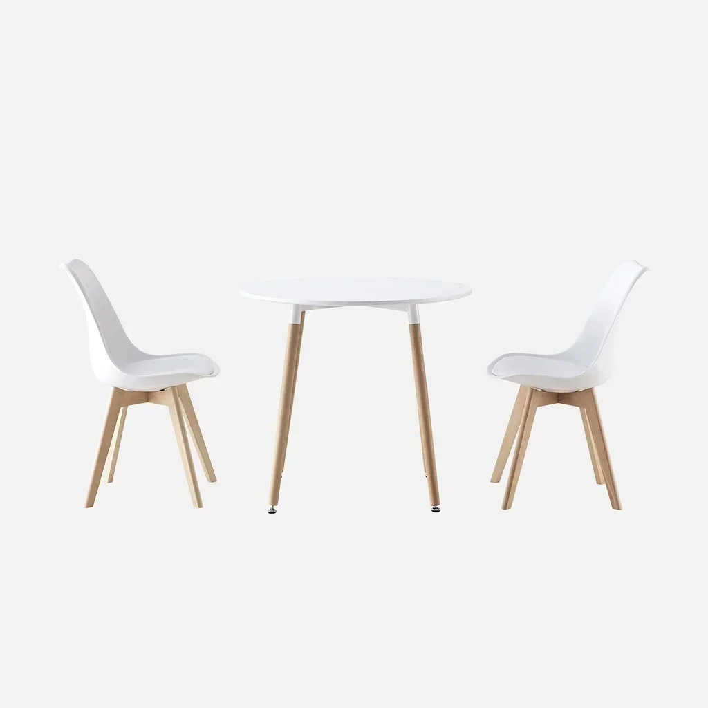 Table ronde scandinave bois blanc avec 2 chaises coussinées Hedvig