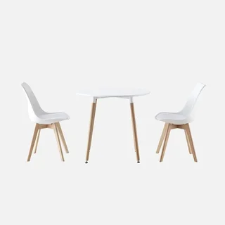 Table ronde scandinave bois blanc avec 2 chaises coussinées Hedvig
