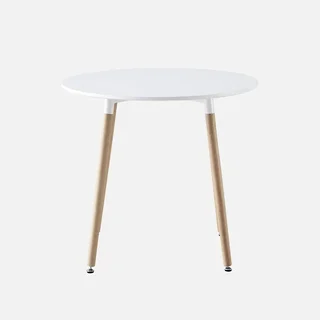 Table ronde scandinave bois blanc avec 2 chaises coussinées Hedvig