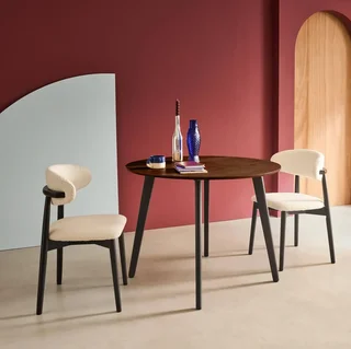 Round wooden dining table 100 cm 4 people black metal legs modern