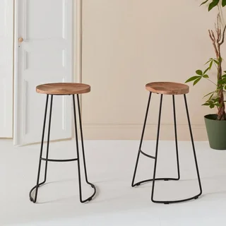 Tabouret bar industriel bois manguier métal noir 75cm lot 2 repose-pieds