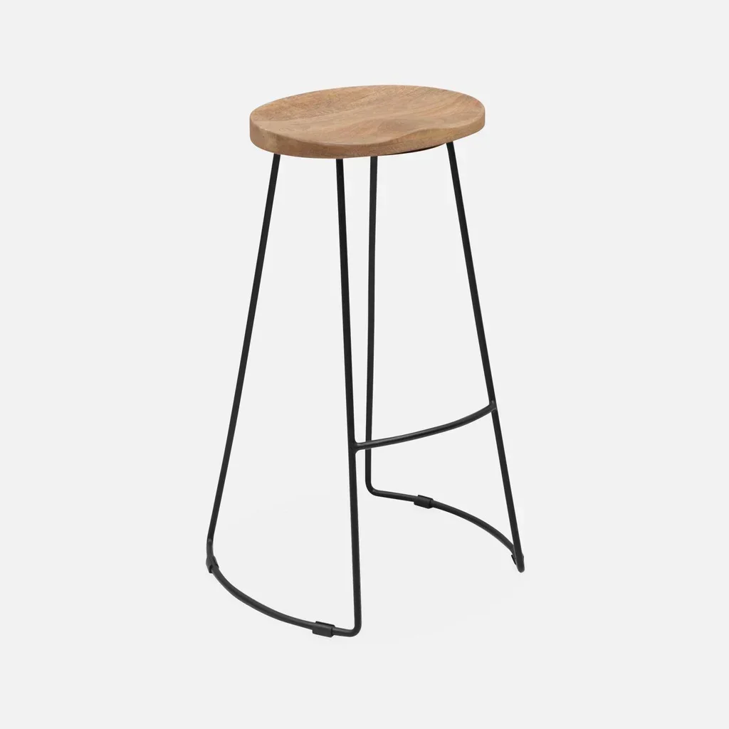 Tabouret bar industriel bois manguier métal noir 75cm lot 2 repose-pieds