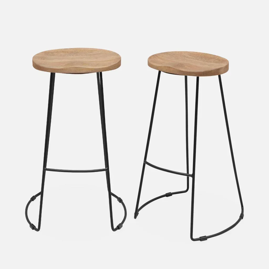 Tabouret bar industriel bois manguier métal noir 75cm lot 2 repose-pieds
